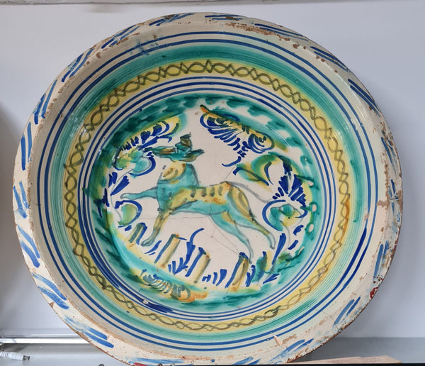Antique painted and glazed Triana wash basin, “Dog”