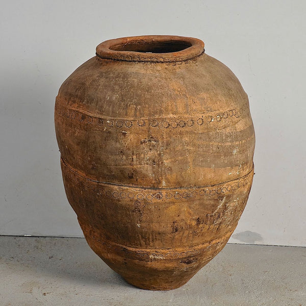 Antique large hand-streaked terracotta olive oil jar without handles