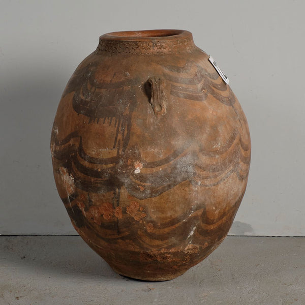 Antique large bulbous hand-streaked terracotta olive oil jar with handles