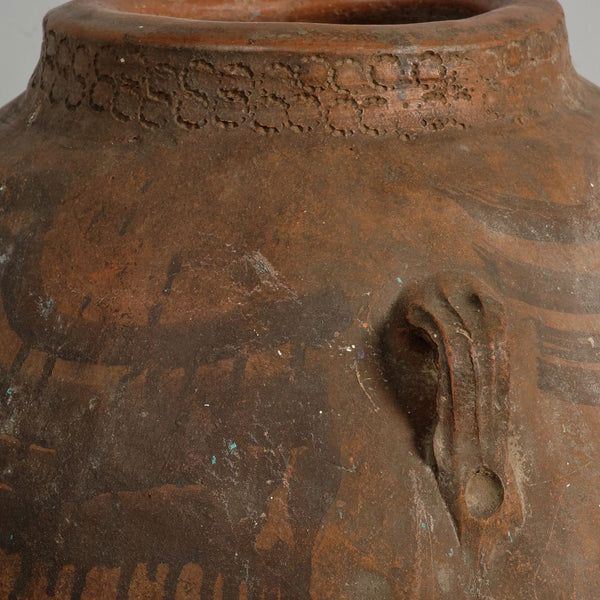 Antique large bulbous hand-streaked terracotta olive oil jar with handles