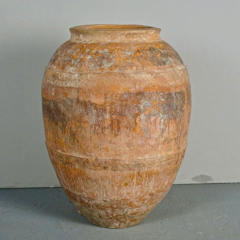 Antique large hand-streaked terracotta olive oil jar without handles