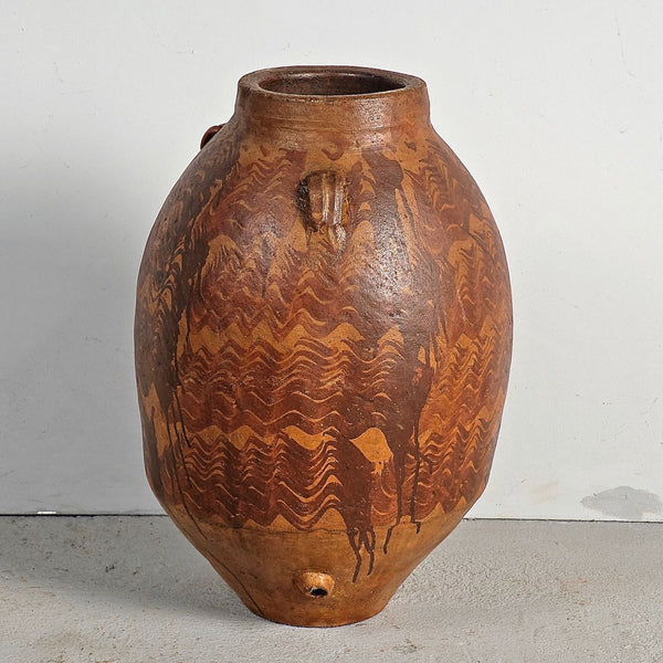 Antique large hand-streaked terracotta olive oil jar with 4 handles