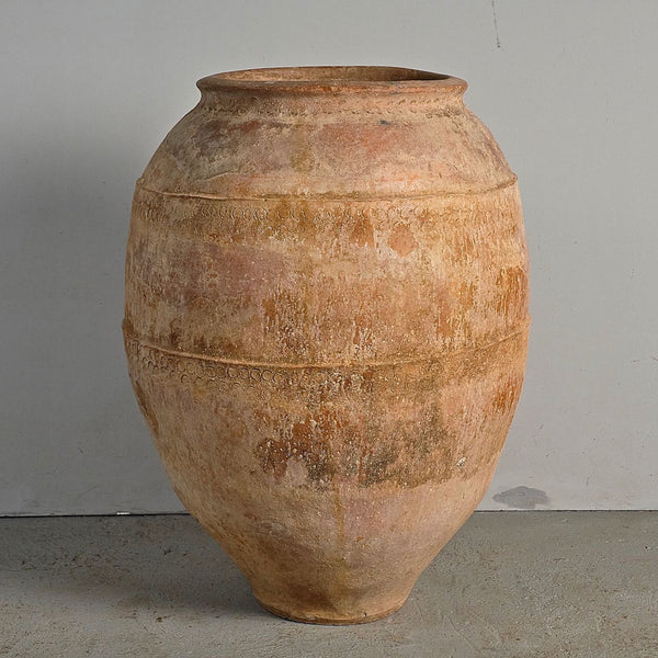 Antique large hand-streaked terracotta olive oil jar without handles