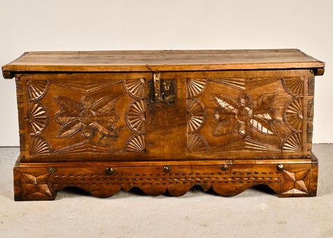 Antique scalloped skirt dowry chest, pine