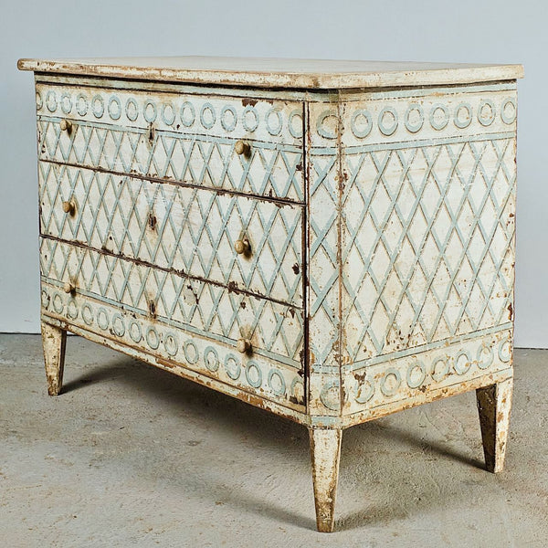 Antique painted three-drawer chest with latticework design