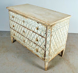 Antique painted three-drawer chest with latticework design
