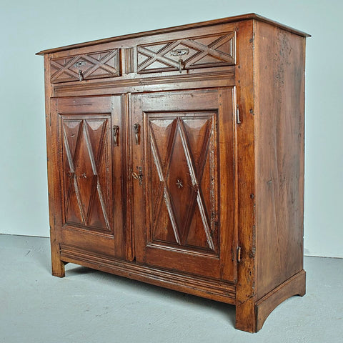 Antique two-door, two-drawer credenza, oak and walnut