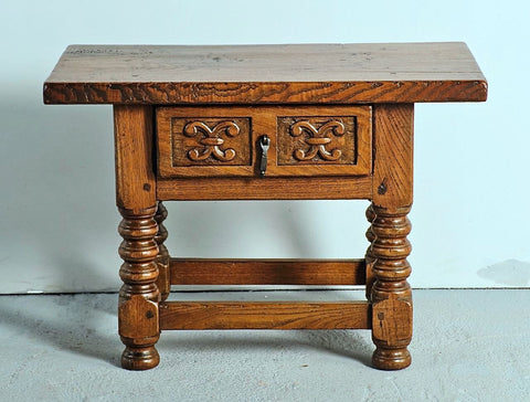 Antique turned leg accent table with carved drawer, oak