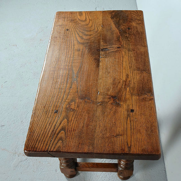 Antique turned leg accent table with carved drawer, oak