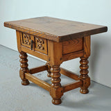 Antique turned leg accent table with carved drawer, oak