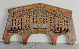 Antique polychromed oxen yoke with carved fans and florals, holm oak