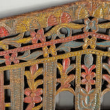 Antique polychromed oxen yoke with carved fans and florals, holm oak
