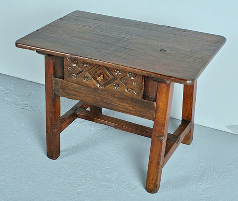 Antique trestle leg accent table with carved drawer, oak