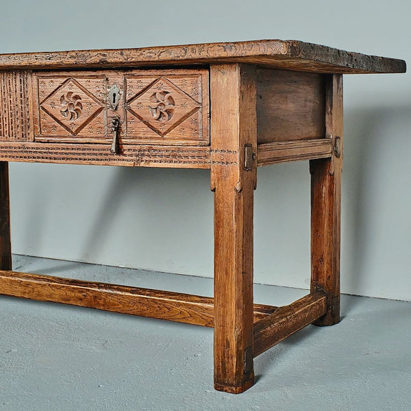 Two drawer library table, chestnut and oak