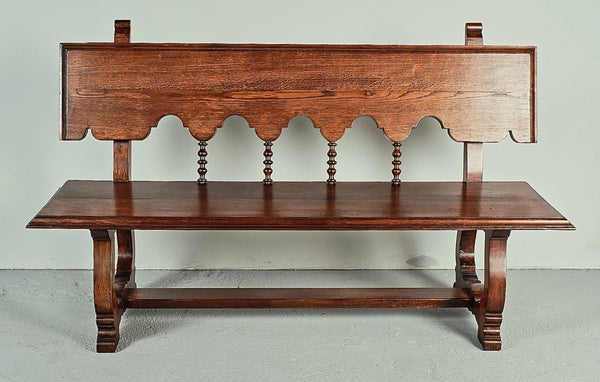 Antique scalloped back lyre leg village bench
