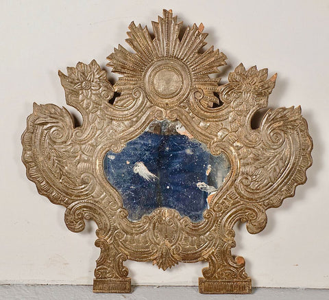 Antique carved, painted and gilt triptych mirror frame
