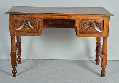 Antique turned leg two drawer writing table, walnut