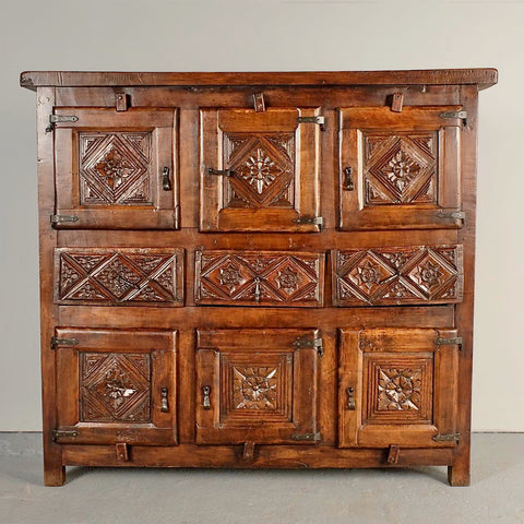Antique carved two-door, single-drawer credenza, oak