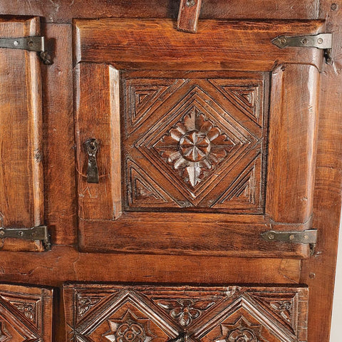 Antique carved six door, three drawer credenza, chestnut