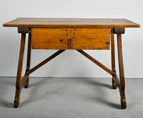 Antique lyre leg work table with drawer, pine