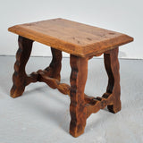 Small antique scalloped leg village bench, chestnut