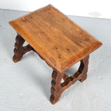 Small antique scalloped leg village bench, chestnut
