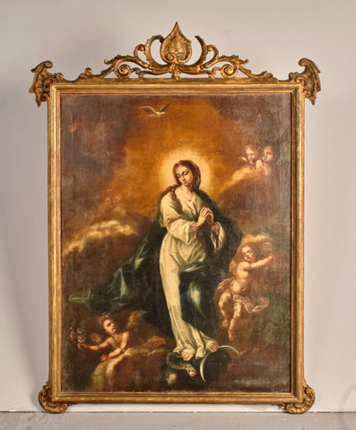Antique oil on linen painting, “Madonna with angels”