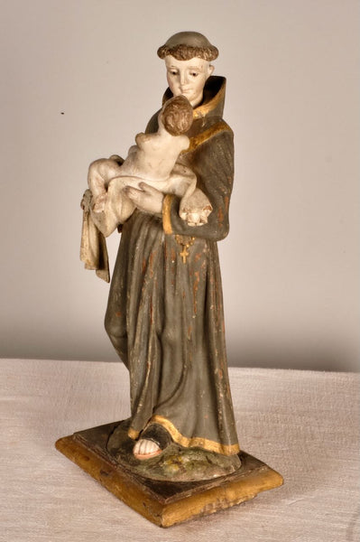 Antique carved and painted wood sculpture of Saint Anthony with child