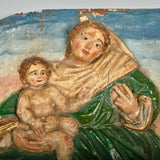 Pair of antique carved and polychromed bas relief panels, “The Visitation” and the “Stigmata of St. Francis”