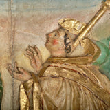 Pair of antique carved and polychromed bas relief panels, “The Visitation” and the “Stigmata of St. Francis”