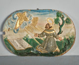 Pair of antique carved and polychromed bas relief panels, “The Visitation” and the “Stigmata of St. Francis”