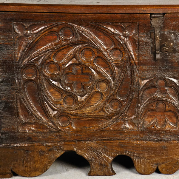Antique carved Neo-Gothic chest, chestnut and oak