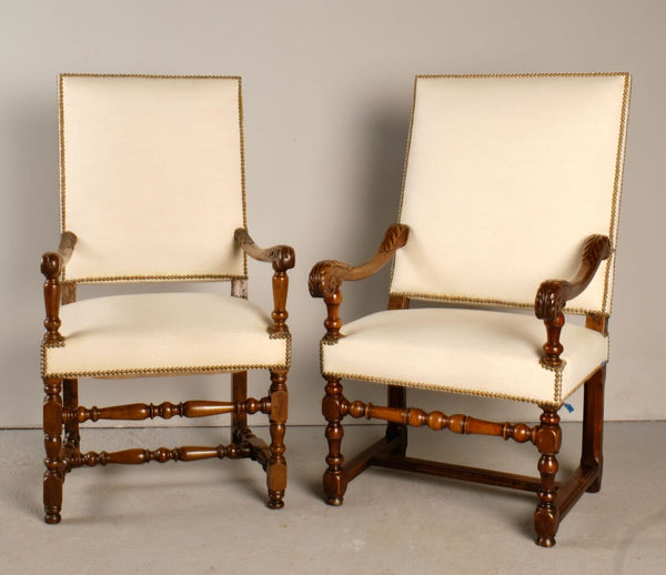 Pair of upholstered antique host and hostess chairs, walnut