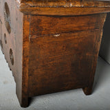 Carved mixed wood antique Basque arm’s chest, walnut, chestnut and oak