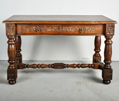 Carved turned leg antique writing table with drawer, chestnut