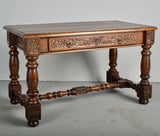Carved turned leg antique writing table with drawer, chestnut