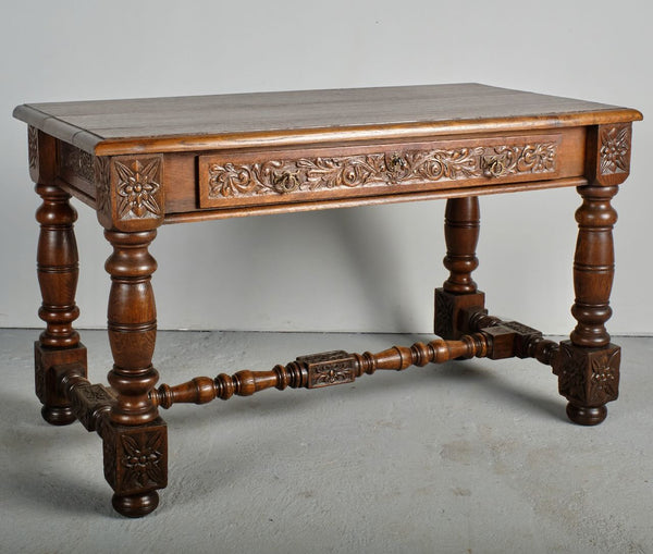 Carved turned leg antique writing table with drawer, chestnut