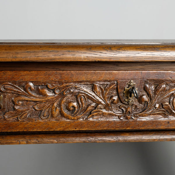 Carved turned leg antique writing table with drawer, chestnut