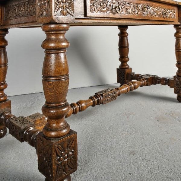 Carved turned leg antique writing table with drawer, chestnut
