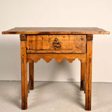 Antique scalloped skirt village table with drawer, poplar