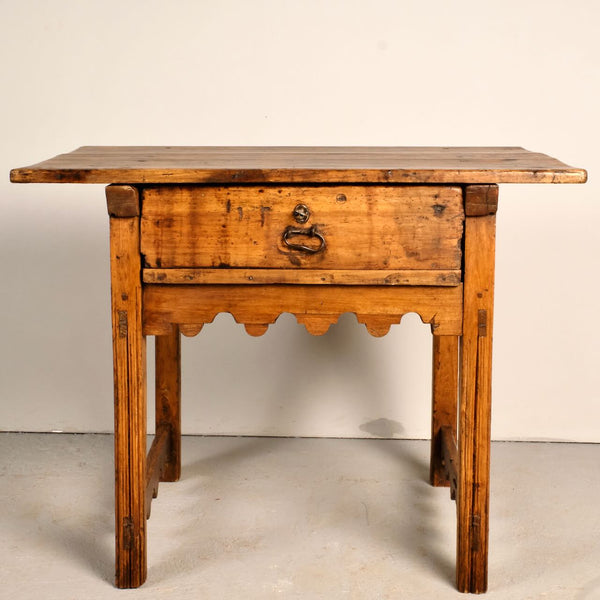 Antique scalloped skirt village table with drawer, poplar