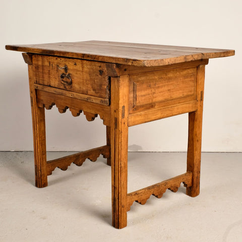 Antique scalloped skirt village table with drawer, poplar
