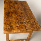 Antique scalloped skirt village table with drawer, poplar