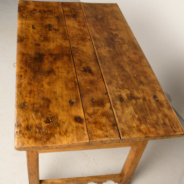 Antique scalloped skirt village table with drawer, poplar