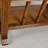 Pair of antique carved accent tables with drawer and stretcher shelf, oak and walnut
