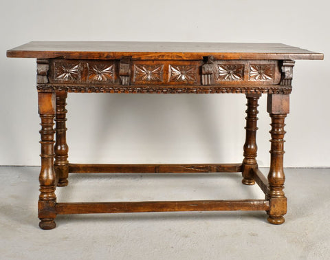 Antique turned leg carved three drawer library table, walnut