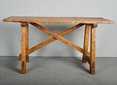 Small trestle leg Pyrenees work table, golden poplar