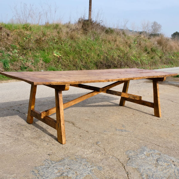 Large antique trestle leg Pyrenees dining / work table, golden poplar