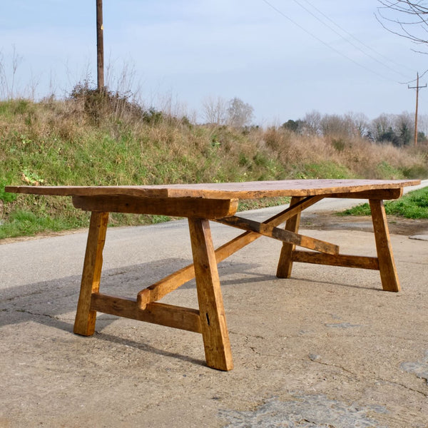 Large antique trestle leg Pyrenees dining / work table, golden poplar