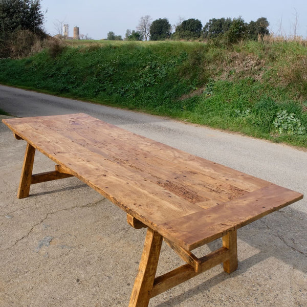 Large antique trestle leg Pyrenees dining / work table, golden poplar